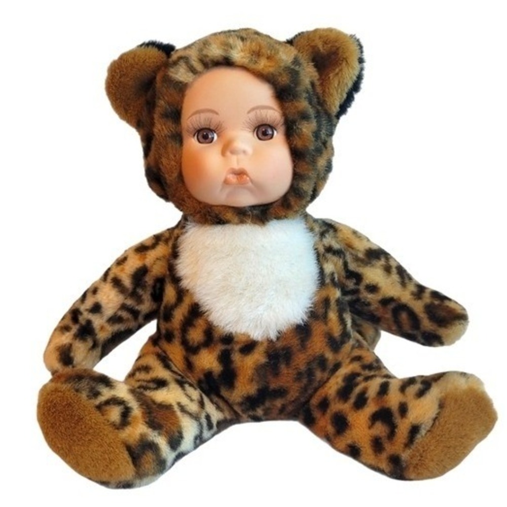 Geppeddo Cuddle Kids Leo Leopard Porcelain Doll Plush Hooded Outfit Vintage 8.5"